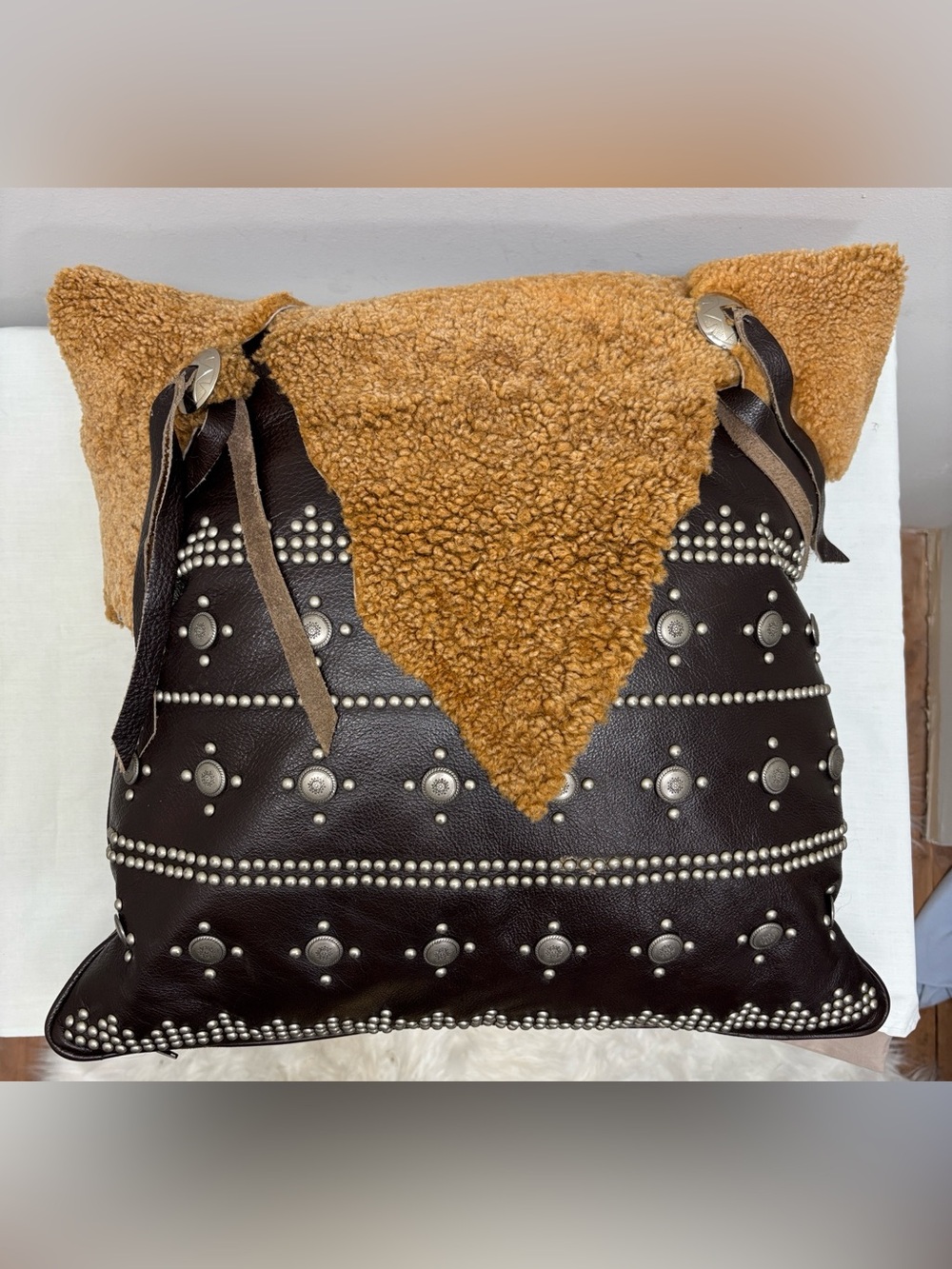 Western Lodge Leather Embellished Sherpa Concho 18"x18" Down Accent Pillow